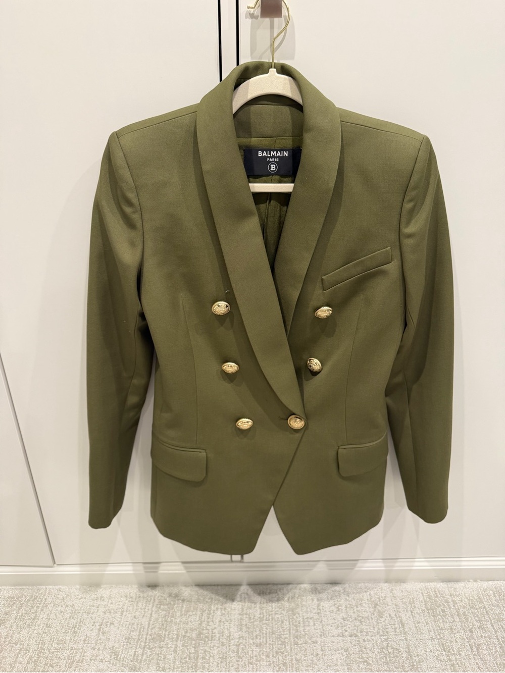 Balmain Olive Green Double-Breasted Shawl Lapel Blazer with Gold Buttons